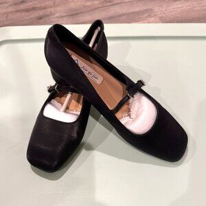 Black Mary Jane Flats with Rhinestone Buckle, Square Toe & Block Heel – Size 6